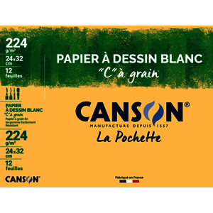 POCHETTE 12F PAPIER A DESSIN BLANC 'C' A GRAIN 24X32CM 224G