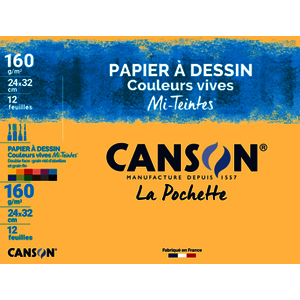 POCHETTE 12F PAPIER DESSIN COULEUR MI-TEINTES VIVES 24X32CM 160G